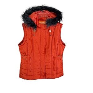 NEW Sporto Orange Rust XL Longline Quilted Jacket Vest Faux Fur Trimmed Hood